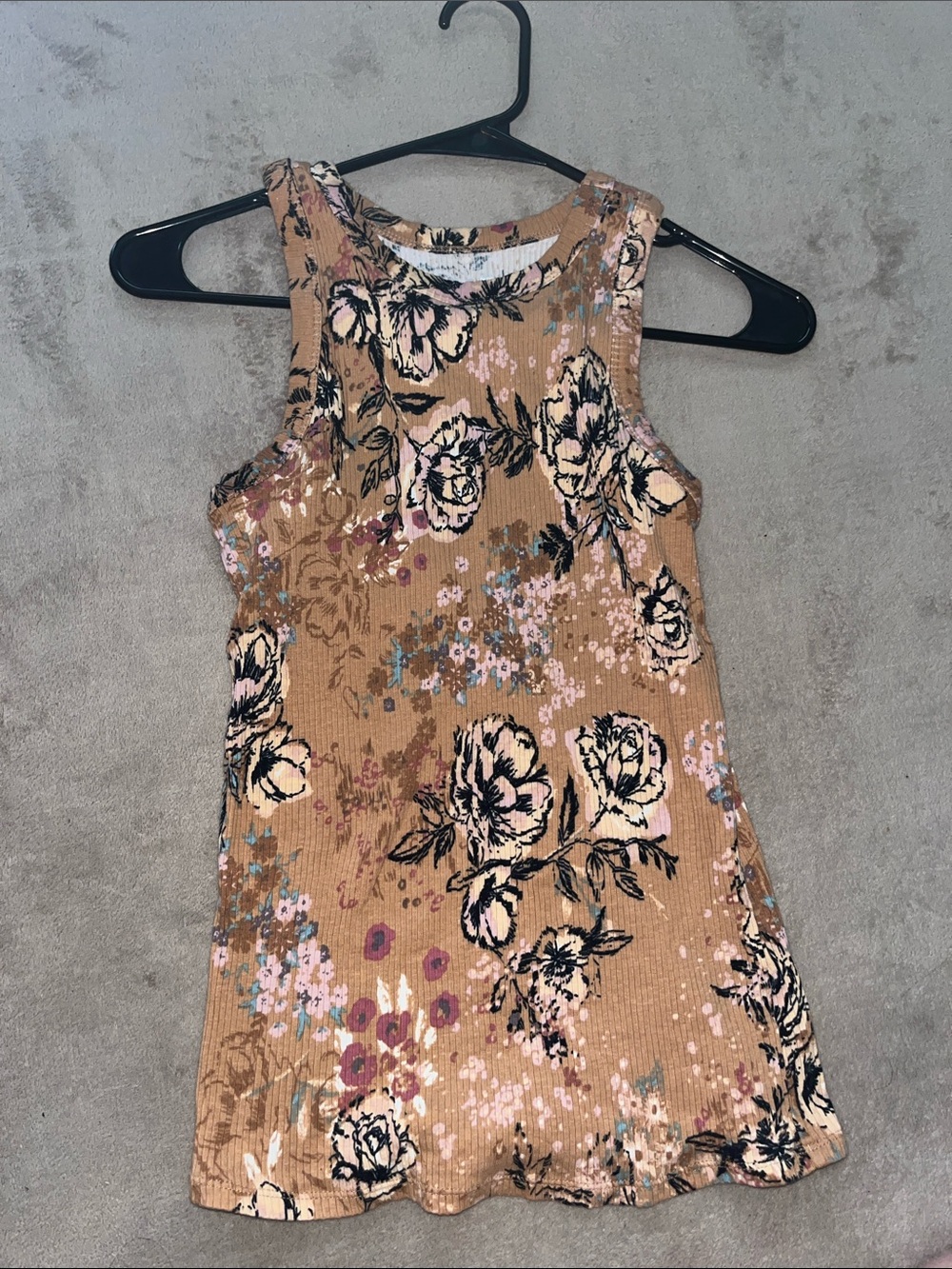 Floral Ribbed Tank Top in Camel